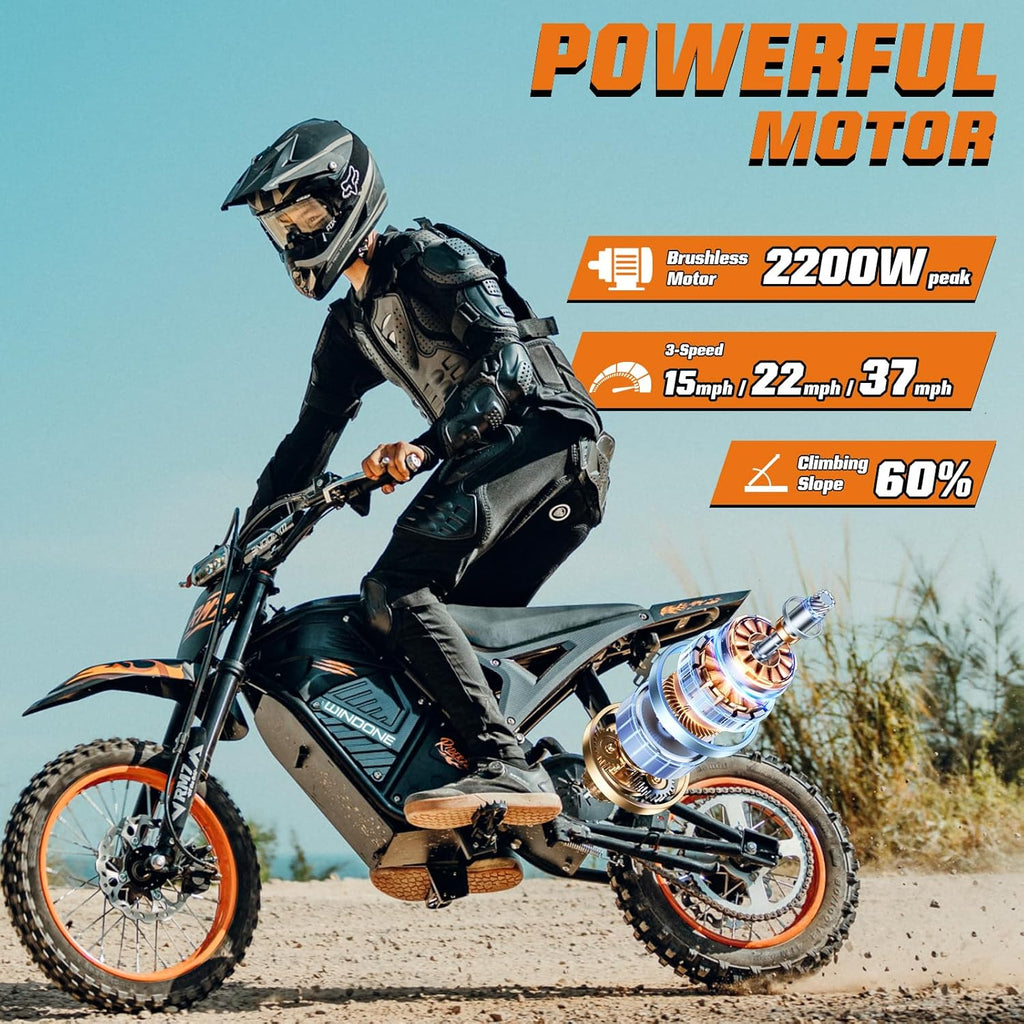 Windone RM7 Electric Dirt Bike for Teens Adults Age 13+, 2200W Peak Ebike, 48V 22.5Ah Up to 37MPH & 45-Mile Electric Motorcycle, 14"/12" Off-Road Tire E-Bike, Dual Hydraulic Brakes, Full Suspension